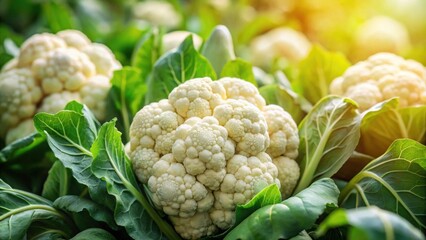 Poster - Close-up view of fresh, organically grown cauliflower heads nestled amongst vibrant green leaves, bathed in sunlight