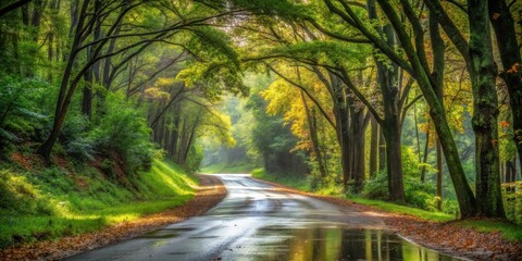 Aufkleber - Serene woodland road glistening after a gentle rain shower, sunlight filtering through leaves