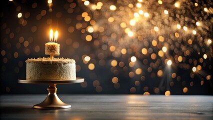 Poster - A celebratory cake with two lit candles on a golden stand against a shimmering bokeh background