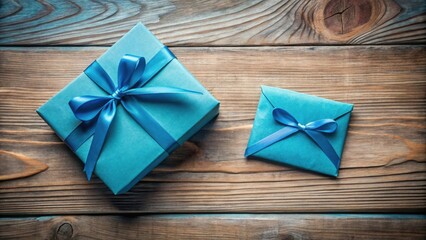 Poster - A teal gift box with a blue ribbon and a smaller teal envelope with a matching ribbon, arranged on a rustic wooden surface.
