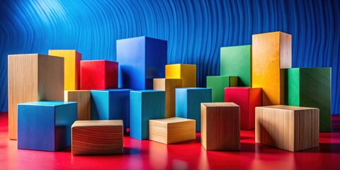 Poster - Colorful Wooden and Painted Blocks Arranged on Red Surface