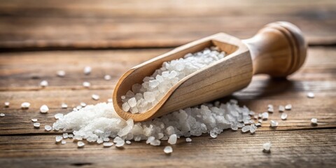 Aufkleber - Wooden scoop overflowing with coarse sea salt crystals on rustic wooden surface