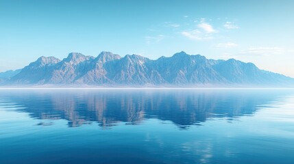 Wall Mural - Serene mountain range reflecting in calm ocean at sunrise.