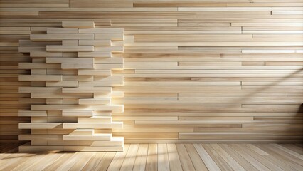 Poster - Modern minimalist interior design with light wood wall and floor, featuring an abstract arrangement of wooden blocks