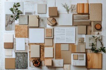 Poster - Collage of textures, natural elements, and informative quotes in a creative workspace. Generative AI