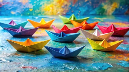 Poster - A fleet of colorful origami boats sailing on a vibrant, abstract surface.