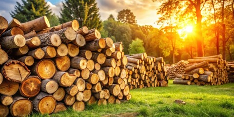 Poster - Golden Hour Lumber Pile in a Verdant Meadow