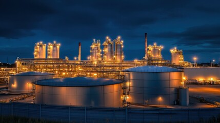 Poster - Glowing nighttime oil refinery showcasing industrial lights and storage tanks under a dark sky. Generative AI