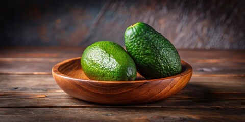 Poster - Two ripe avocados in a rustic wooden bowl on a dark wood surface