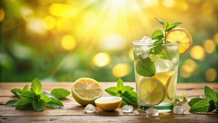 Poster - Refreshing Iced Lemon Mint Beverage on Wooden Surface