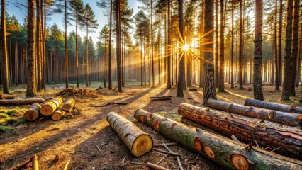 Poster - Golden sunrise rays illuminate a forest clearing where freshly cut logs lie in the soft morning light.