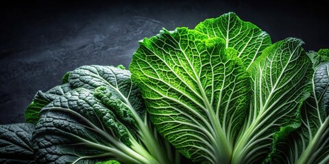 Poster - Intricate Veins of Lush Green Bok Choy Leaves Against a Dark Background