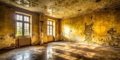 Aufkleber - Sunlit Room in a Derelict Building with Damaged Walls and Peeling Paint