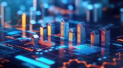 Poster - A 3D bar graph illustrating the rising trend in real estate market values, with small houses and increasing property value symbols