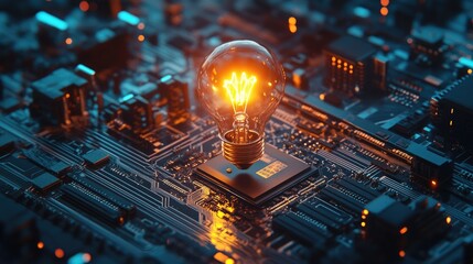 Poster - A 3D rendering of a glowing lightbulb on a circuit board, symbolizing the intersection of innovation, technology, and futuristic thinking.
