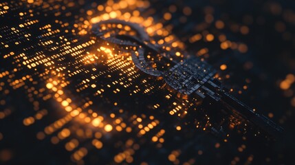Poster - A 3D representation of a key surrounded by swirling binary code, capturing the concept of cyber security, encryption, and safe data transfer.