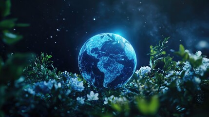 Poster - A blue globe surrounded by nature and futuristic green technologies, representing Earth Day and the global call for sustainable development.