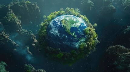 Poster - A blue globe surrounded by nature and futuristic green technologies, representing Earth Day and the global call for sustainable development.
