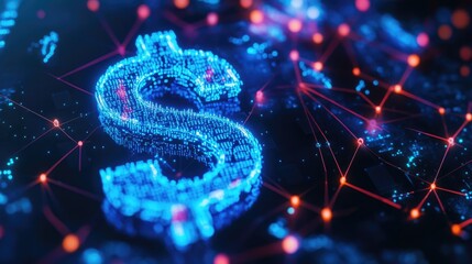 Poster - A blue glowing dollar sign with digital neon dots and interconnected lines on a dark background, representing financial technology and digital economy