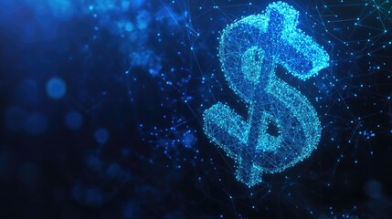 Aufkleber - A blue glowing dollar sign with digital neon dots and interconnected lines on a dark background, representing financial technology and digital economy