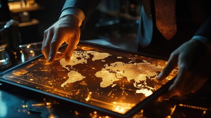 Poster - A businessman interacting with a tablet displaying a glowing blockchain world map, emphasizing the global impact of blockchain.