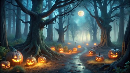 Poster - Enchanted Forest Path Illuminated by Glowing Jack-o'-lanterns on a Mystical Halloween Night