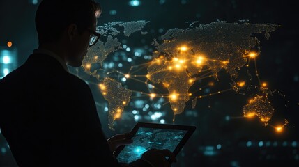 Poster - A businessman interacting with a tablet displaying a glowing blockchain world map, emphasizing the global impact of blockchain.
