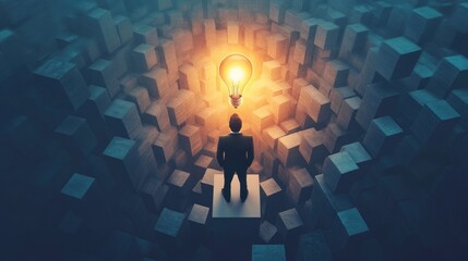 Aufkleber - A businessman looking up at a glowing lightbulb while standing on cubes, symbolizing business creativity, breakthrough ideas, and innovative thinking