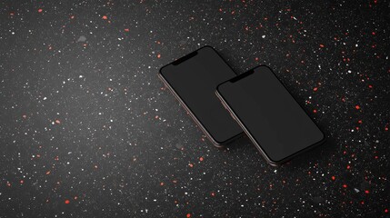 Poster - A clean mockup of two smartphones floating above a terrazzo surface, set against a dark background, showcasing a modern, minimalistic tech design
