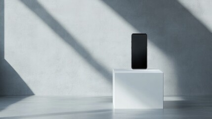 Poster - A clean, modern exhibition space with a smartphone displayed on a white podium, ideal for showcasing cutting-edge technology in a minimalist setting