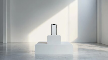 Poster - A clean, modern exhibition space with a smartphone displayed on a white podium, ideal for showcasing cutting-edge technology in a minimalist setting