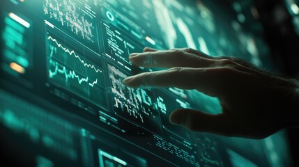 Poster - A close-up of a hand interacting with a digital screen displaying financial data, stock market graphs, and digital numbers in a futuristic style