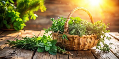 Aufkleber - A wicker basket overflowing with freshly harvested herbs sits on a rustic wooden surface, bathed in warm sunlight.
