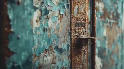Poster - A close-up of a rusty, old iron door with peeling paint and a grunge texture, reflecting the passage of time in an abandoned space.