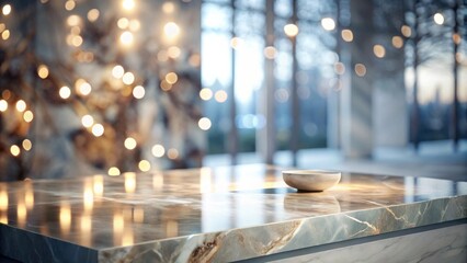 Poster - serene minimalist interior scene with a small bowl on a polished stone surface, illuminated by warm 