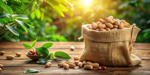 Aufkleber - A burlap sack overflowing with freshly harvested peanuts sits on a rustic wooden surface, surrounded by lush green foliage in the sunlight.