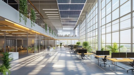 Poster - A corporate office with green energy solutions like solar panels, emphasizing ESG standards in business and their role in promoting environmental sustainability.