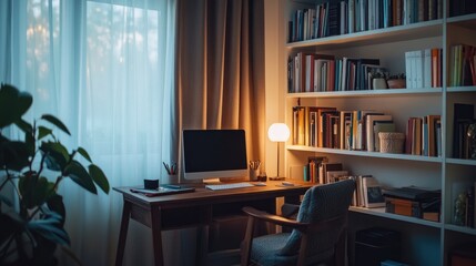 Aufkleber - A contemporary home office with a modern wooden desk, comfy chair, and bookshelves, featuring soft lighting from a desk lamp and sheer curtains