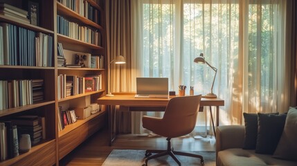 Aufkleber - A contemporary home office with a modern wooden desk, comfy chair, and bookshelves, featuring soft lighting from a desk lamp and sheer curtains