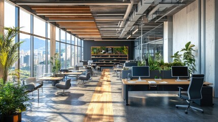 Poster - A corporate office with green energy solutions like solar panels, emphasizing ESG standards in business and their role in promoting environmental sustainability.