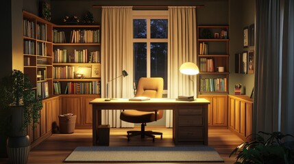 Poster - A cozy, modern home office setup with a wooden desk, comfortable chair, bookshelves, soft lamp lighting, and curtains in a spacious room