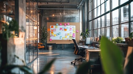 Poster - A creative office space with a flip chart and sticky notes on the walls, designed with modern loft-style elements and a collaborative work environment.