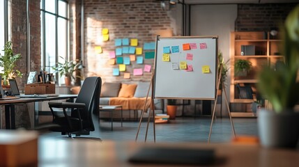 Poster - A creative office space with a flip chart and sticky notes on the walls, designed with modern loft-style elements and a collaborative work environment.