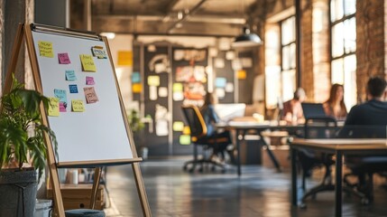 Poster - A creative office space with a flip chart and sticky notes on the walls, designed with modern loft-style elements and a collaborative work environment.