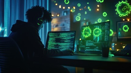 Aufkleber - A cybersecurity error concept with a person working on a laptop, with coding and virus alerts on the screen, representing modern cyber threats
