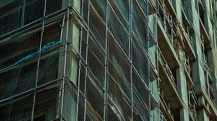 Poster - A detailed view of a new building under construction, featuring safety nets and structural beams, symbolizing urban development and real estate investment.