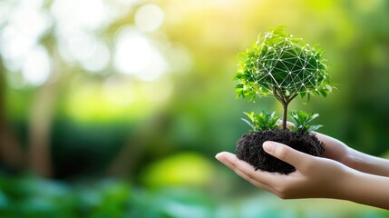 Poster - A digital concept of ESG with interconnected symbols for green energy, social responsibility, and corporate governance for a sustainable future.