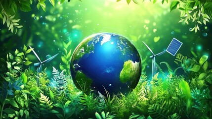 Poster - A digital blue globe surrounded by clean energy symbols like wind turbines and solar panels, emphasizing eco-friendly solutions for Earth Day.