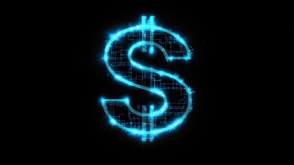 Aufkleber - A digital dollar sign glowing with blue neon lines and dots, set against a dark background, symbolizing the future of finance and technological advancement
