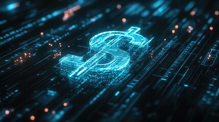 Aufkleber - A digital dollar sign glowing with blue neon lines and dots, set against a dark background, symbolizing the future of finance and technological advancement